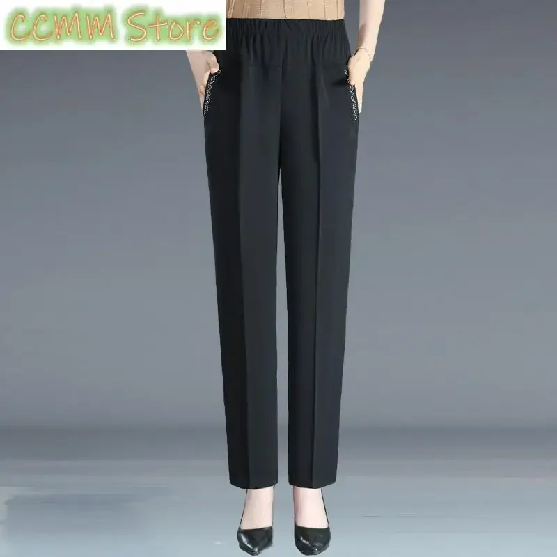 New Summer Ice Silk Mid Aged Casual Pants Women's Elastic High Waist Solid Print Pocket Korean Versatile Slim Straight Trousers