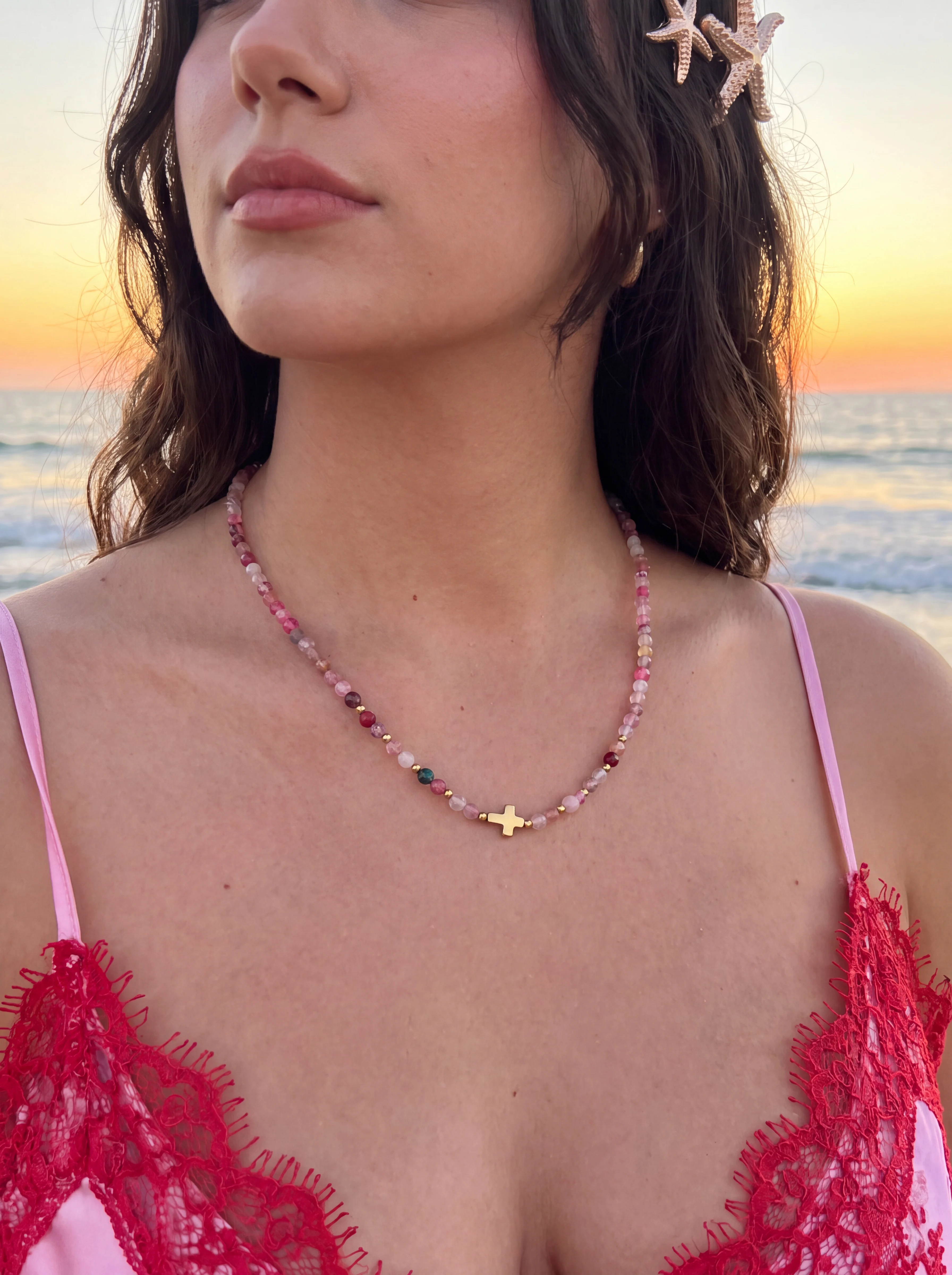 Peri'sbox Colorful Charm Natural Agate Beads Small Gold Beads Cross Women Necklace Neck Collar Bohemian Stainless Steel Jewelry