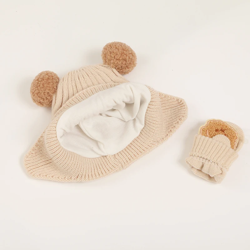 Bear Baby Winter Hat Gloves Set Pompom Infant Bonnet Knitted Kids Beanie with Earflaps Toddler Cap Baby Accessories 1-3Y