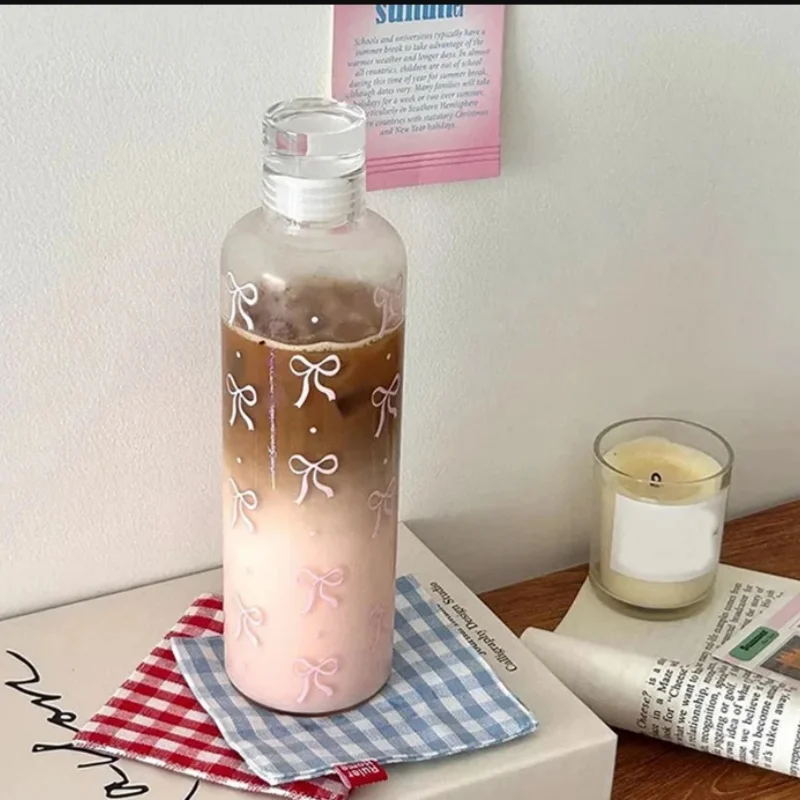 500ML Kawaii Bow Plastic Water Bottle With Time Scale Transparent Water Cup Outdoor Sports School Drinking Water Bottle