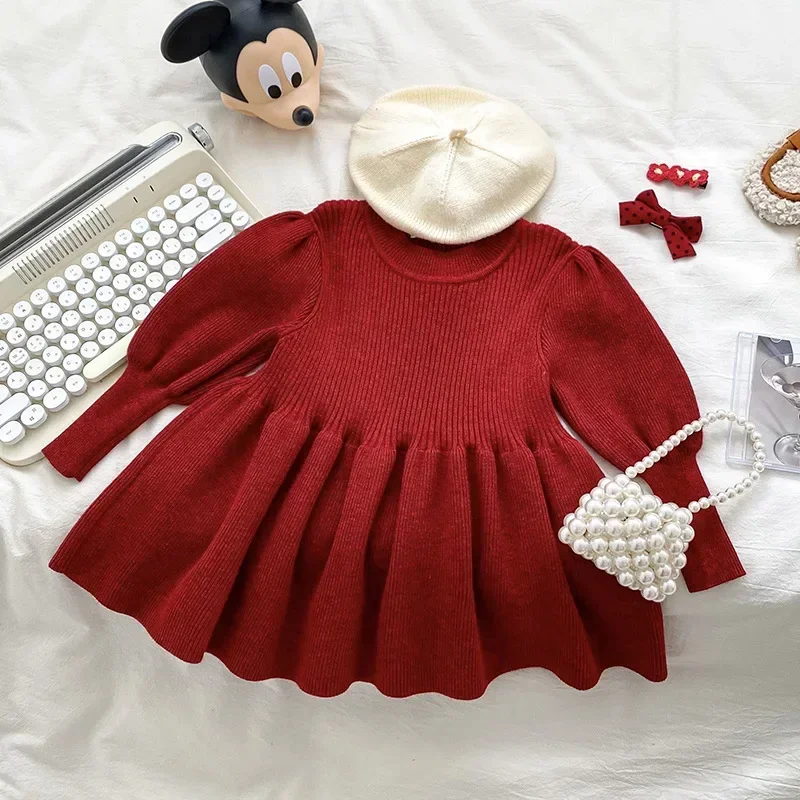 Boutique Kids baby Girls Sweater Dress Red Knitted Puff Sleeve Dress Cute Princess Birthday Christmas Party Dresses 95% Cotton