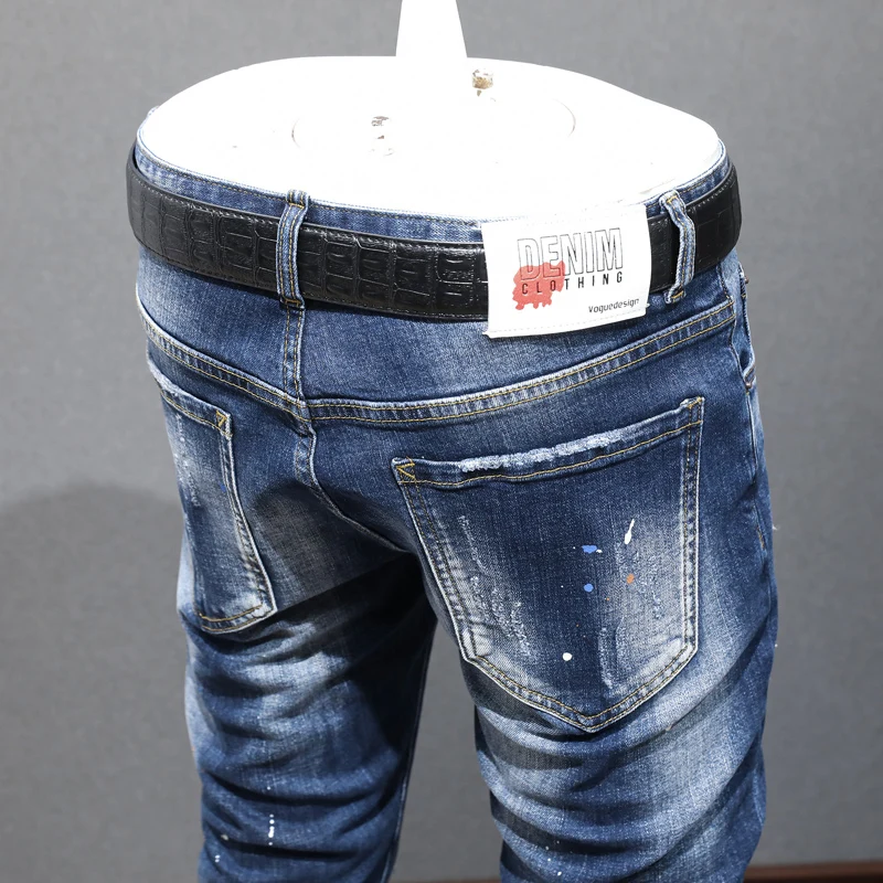 Street Fashion Men Jeans Retro Blue Elastic Stretch Slim Ripped Jeans Men Vintage Trousers Patched Designer Hip Hop Pants Hombre