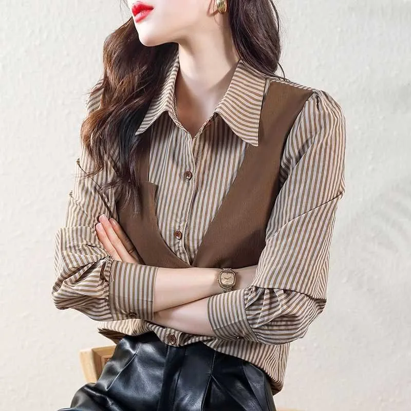 Spring Autumn Women's Plaid irt Slim Fit Long Sve Ice Silk Barn Sle Faion Ladies' irt Polyester Fiber 00%