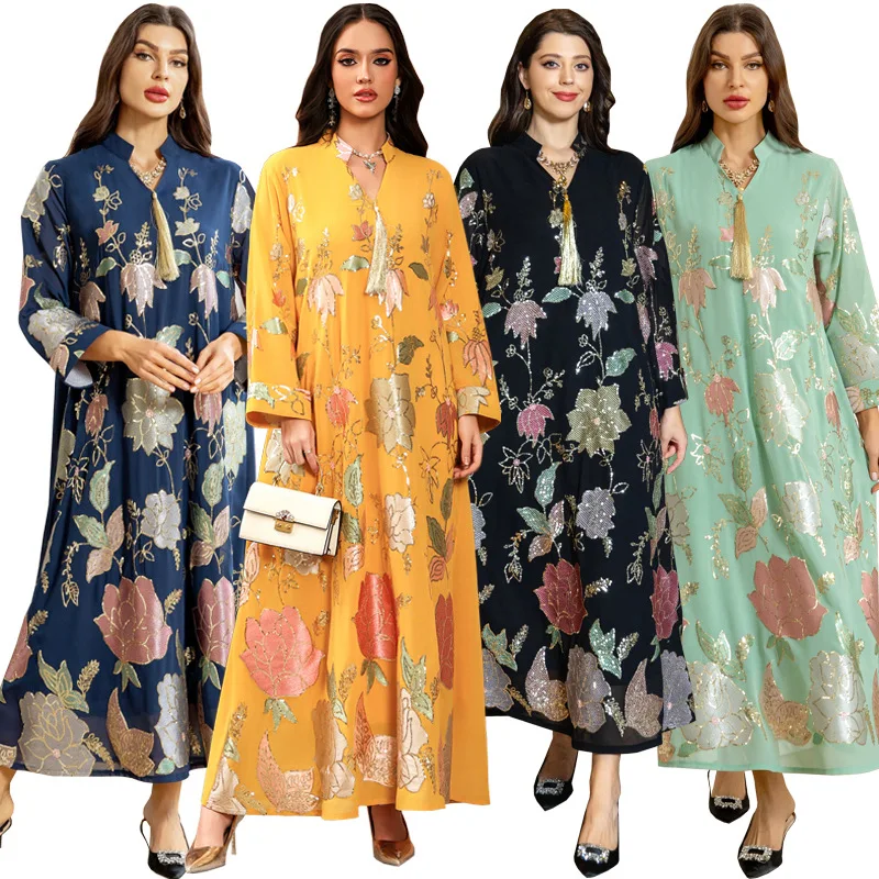 

Sequin Embroidered Abaya Muslim Middle East Tassel Maxi Dress Dubai Elegant Evening Dress Modest Boho Embellished Kaftan
