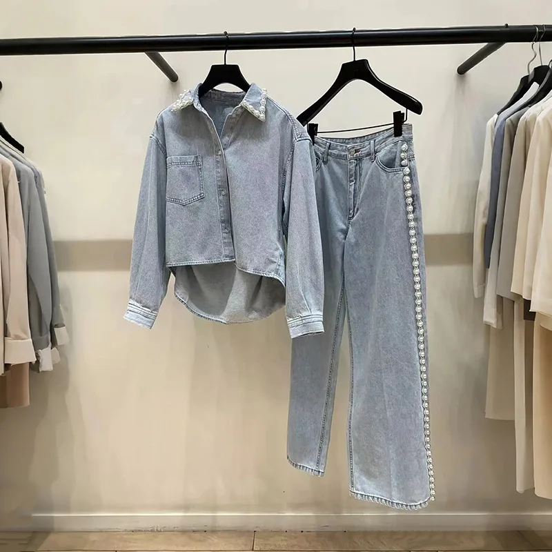 

Light blue suit fashionable pearl decoration lapel denim shirt wide leg pants French single niche 2025 early spring