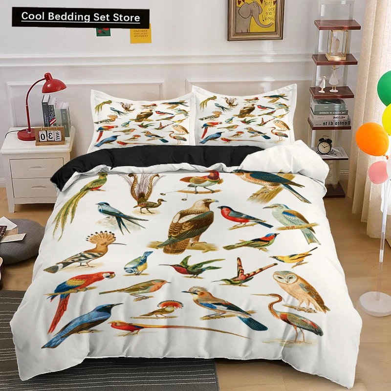 

Cartoon Bird Print King Queen Duvet Cover Colorful Cute Pet Birds Bedding for Adult Fashion Animal 2/3pcs Polyester Quilt Cover