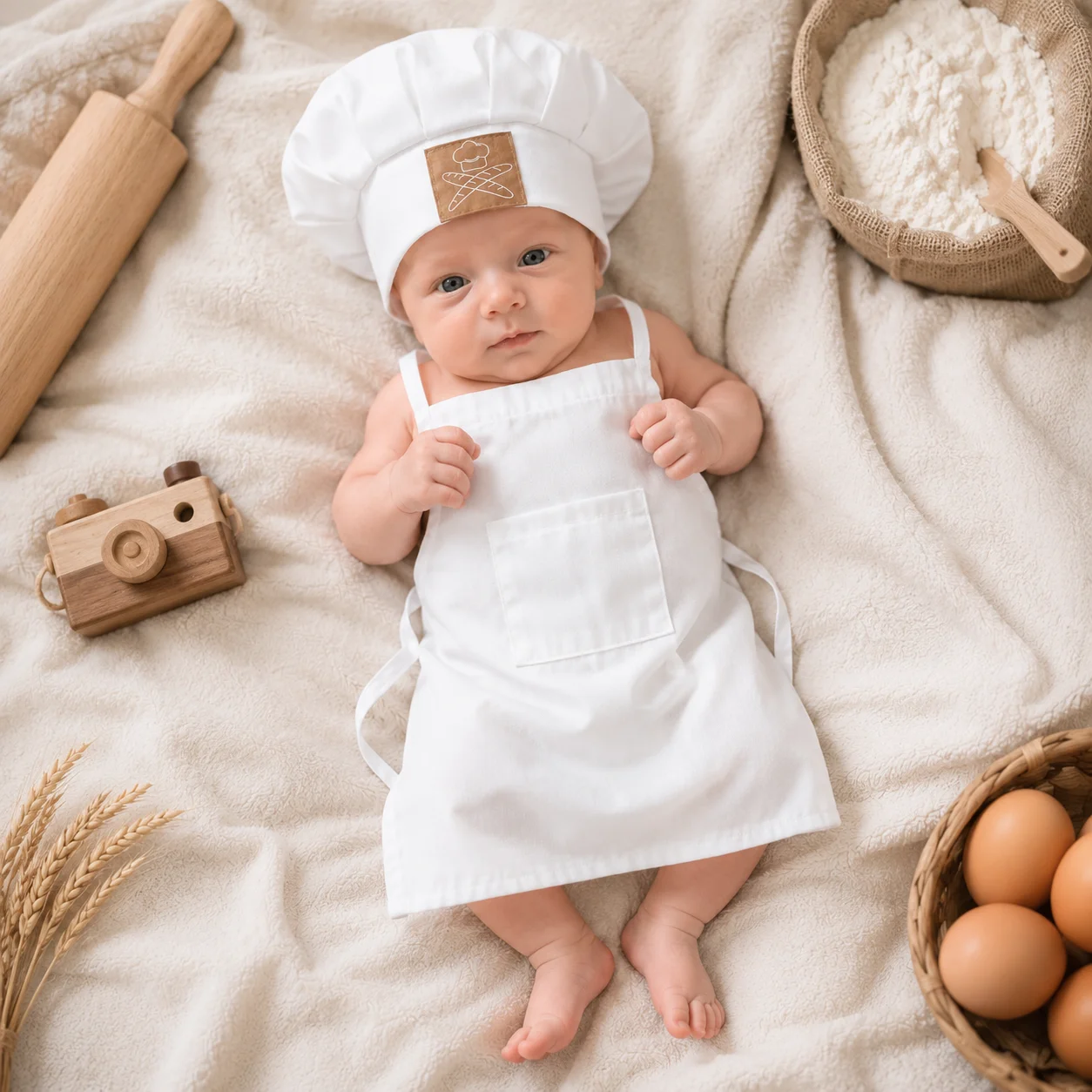 Newborn Photography Outfit Chef Costume, Baby Boy Girl Photo Props White Chef Hat Apron Set for Birth Photoshoot