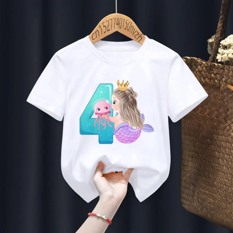 Mermaid Birthday Numbers Print Boy Girl White T-shirt Kid Summer Harajuku Kawaii Funny Clothes Little Baby Y2K Clothes,Drop Ship