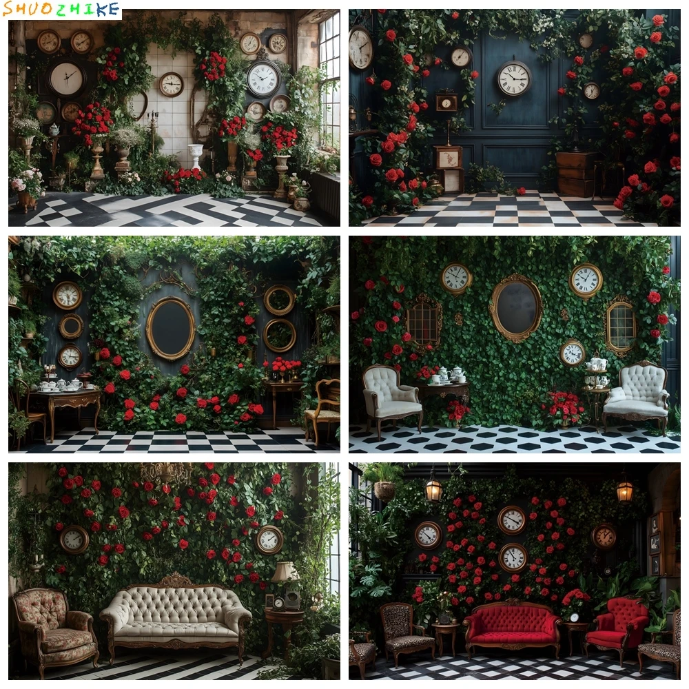 

Vintage Indoor Garden Floral Clock Photography Background Castle Girl Birthday Party Artistic Portrait Photo Backdrop Studio