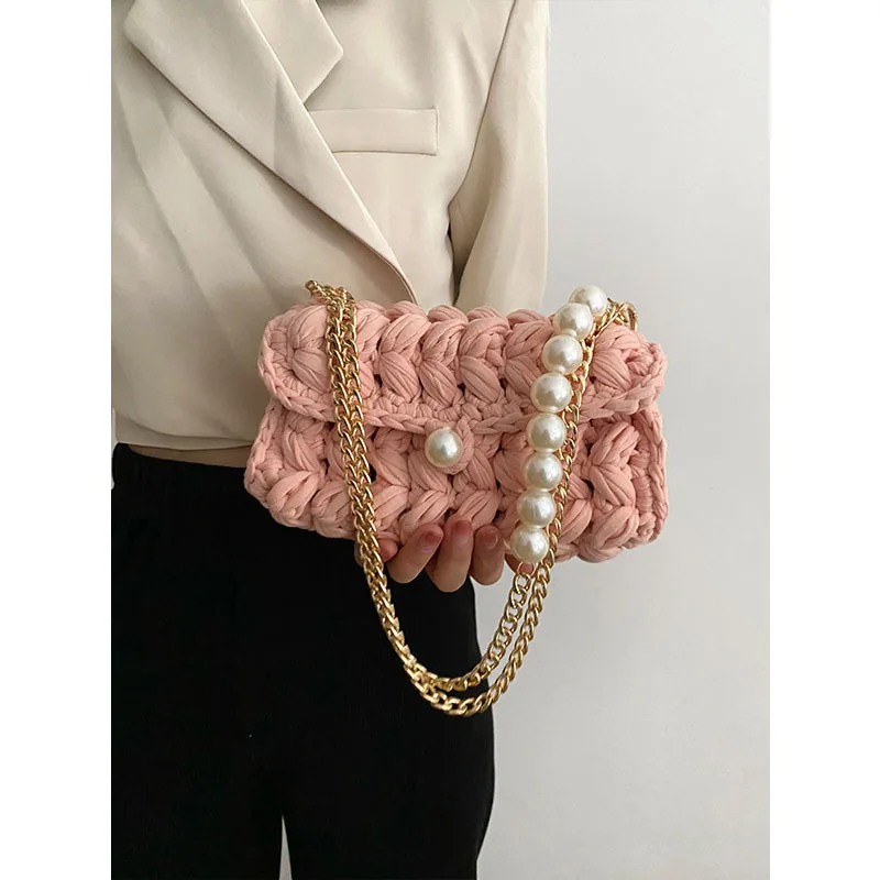 

Handmade Rope Crochet Women's Shoulder Bag Designer Knitting Crossbody Bags for Women Handbags Pearls Chains Sling Bag Tote