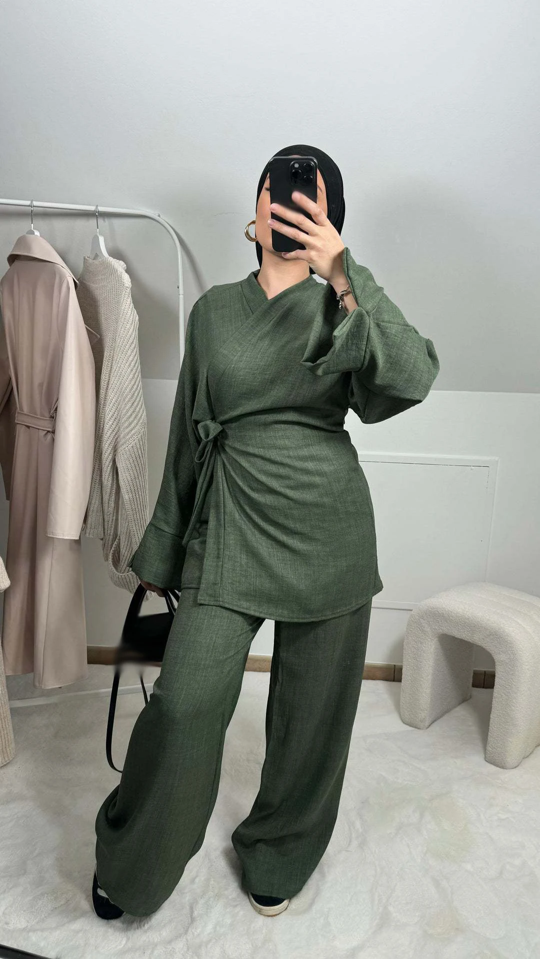 Solid Lace Up Shirts Trouser Muslim Women Loose Cotton Linen Top Long Pants Suit Female 2024 Spring Summer Lady Soft 2 Piece Set