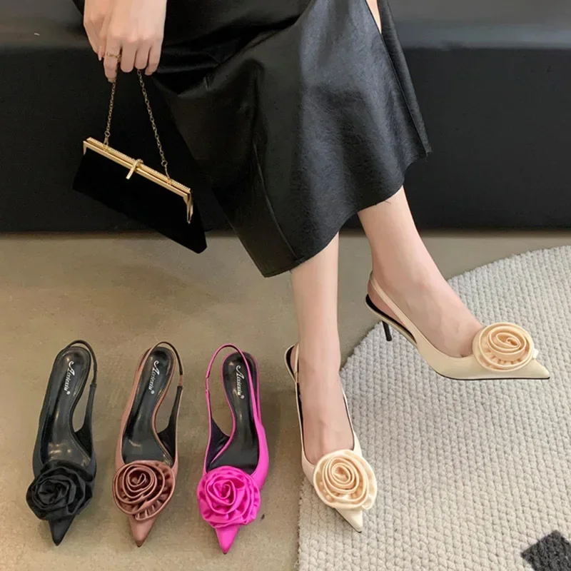 حار بيع 2025 جديد مثير الحرير Slingback أشار تو النساء مضخات تصميم الأزياء الزهور رقيقة الكعوب مأدبة حفلة موسيقية الأحذية 35-40 #1