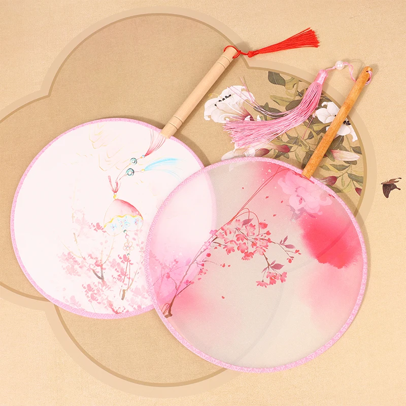 Chinese Round Hand Fan Vintage Printing Silk Fan Ancient Tassel Dance Hand Fan Cheongsam Tang Suit Wedding Party Accessories