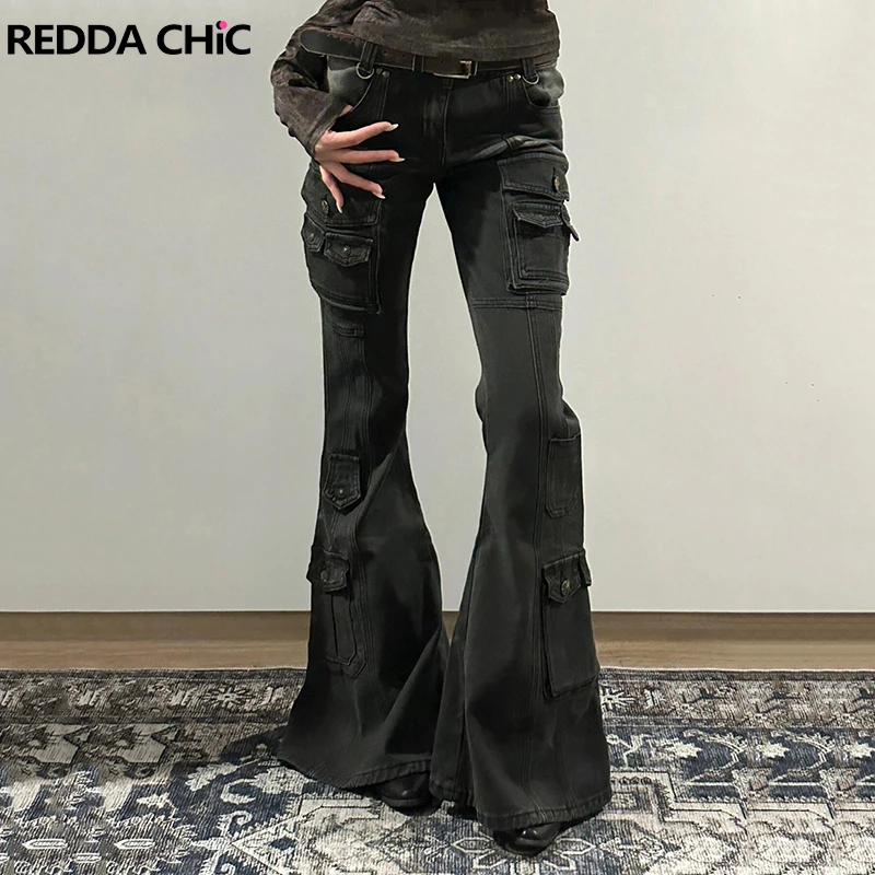 REDDACHiC Multi-pocket Y2k Flare Jeans for Women Do Old Low Waist Slim Fit Whiskers Cargo Pants Bell Bottoms Grunge Streetwear