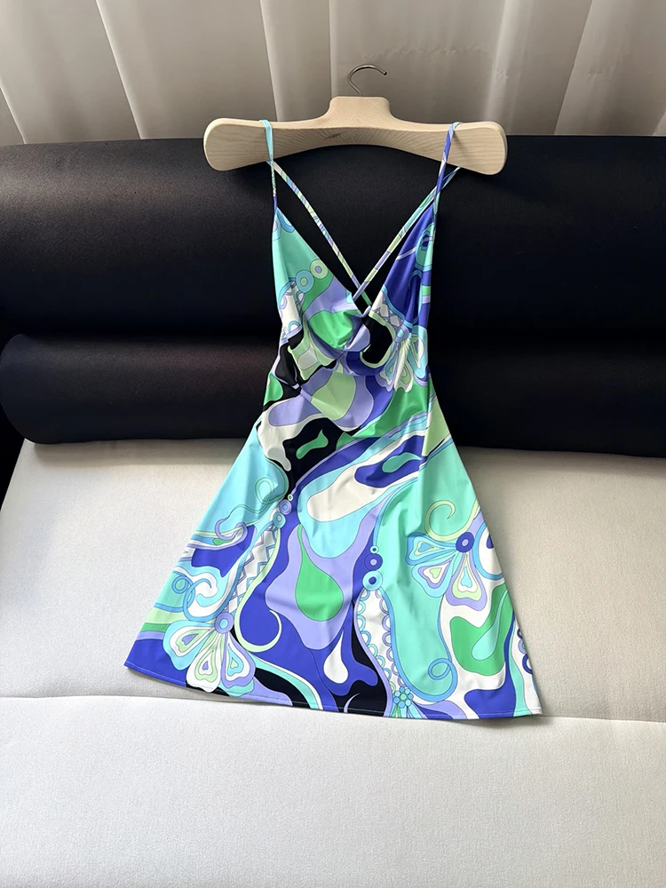 

Summer Fashion Outdoors Resort Beach Party Geometric Print Mini Dress Women's Spaghetti Strap Sexy Backless A-Line Short Dresses