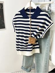 Summer Turn-down Collar Knitted Short-sleeved Tops Women's Casual Versatile Striped Embroidered T-shirt Loose Tops