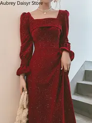 Elegant Red Long Dress Women Vintage Square Collar Chic Sequin Design Formal Occasion Dress Casual Wedding Evening Party Dress