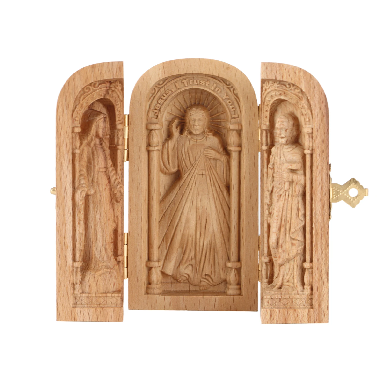 Ornamen dekorasi Desktop ukiran hadiah kayu Gereja portabel orang kudus liburan Katholik suci tiga kotak terbuka kerajinan
