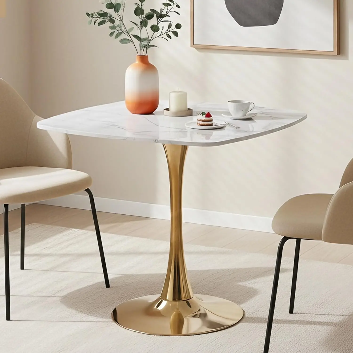 

31.5" Square Dining Table Metal Pedestal Mid Century Modern Kitchen Cafe Faux Marble White Gold, Customized