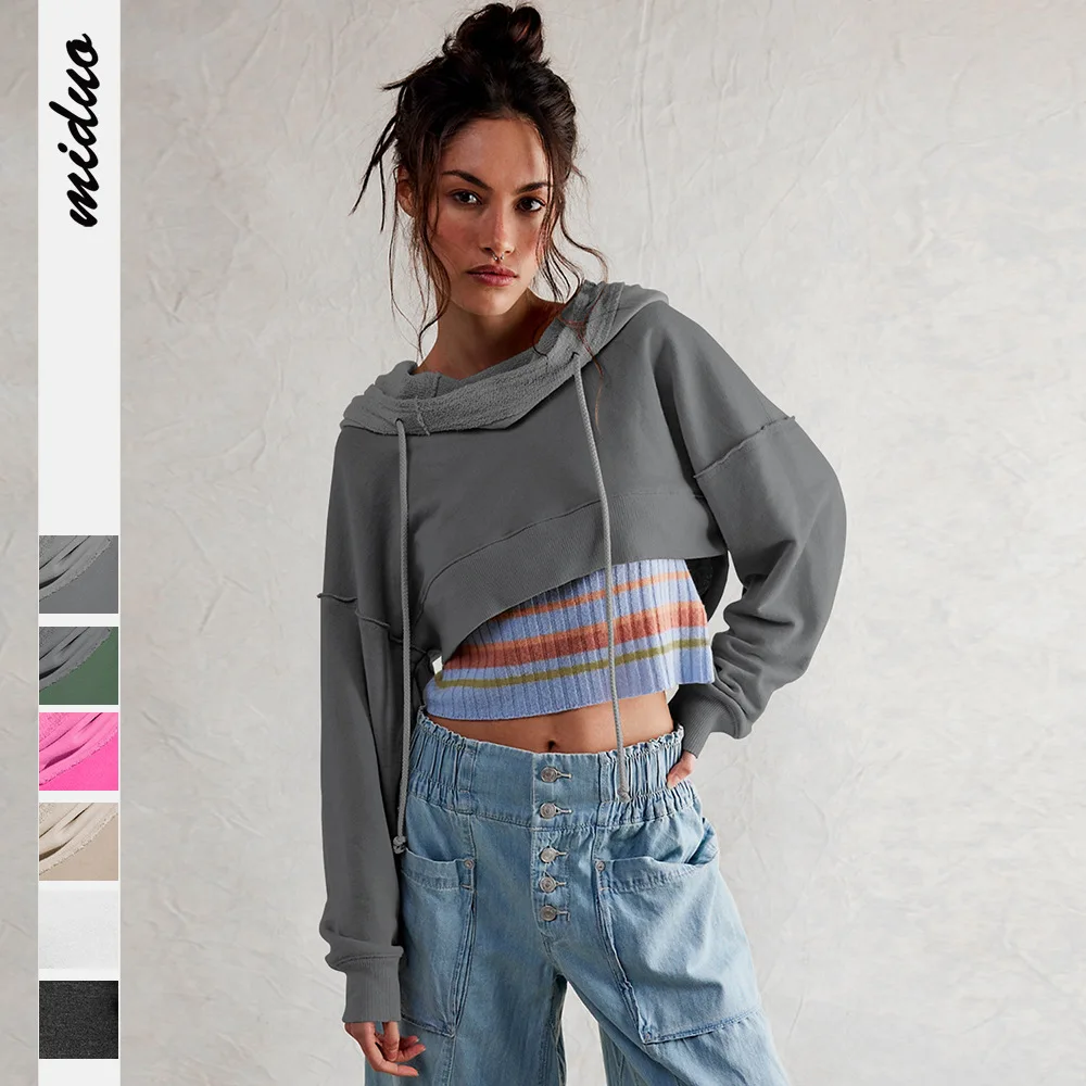 Spring Autumn Women's Sweatshirt Female Solid Color Drawstring Hooded Stack Collar Pullover Lady's Cropped Long Sleeve Tops