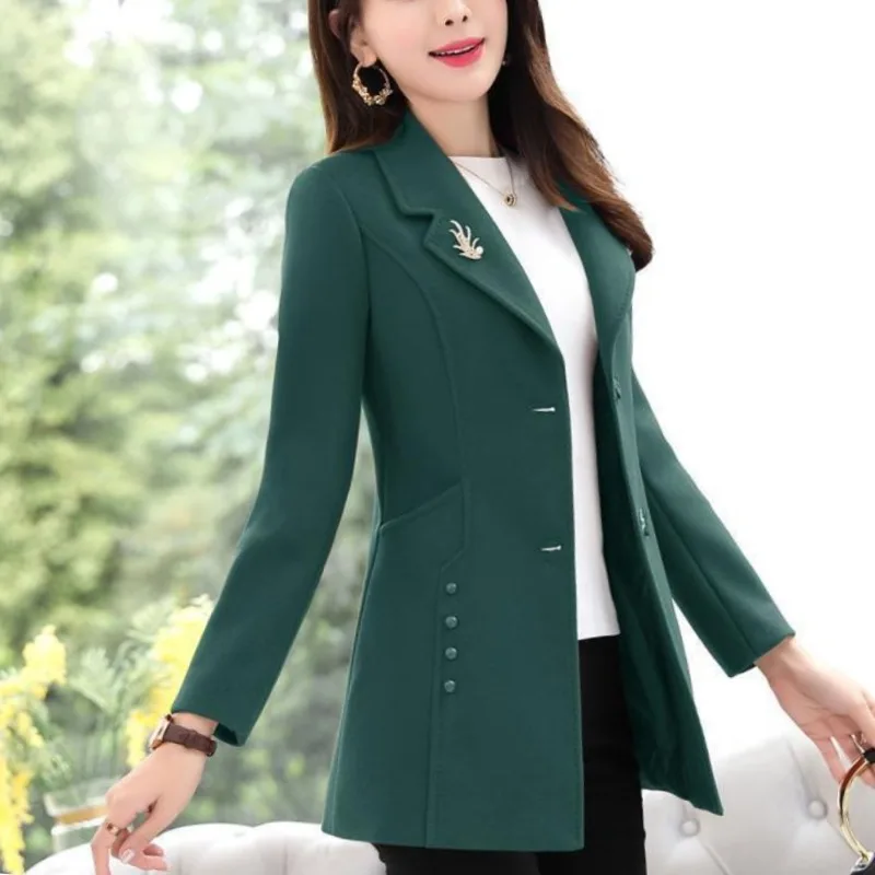 Women's Autumn Winter New Fashion Solid Color Suit Collar Button Pocket Korean Version Versatile Long Sleeved Slim Fit Overcoat