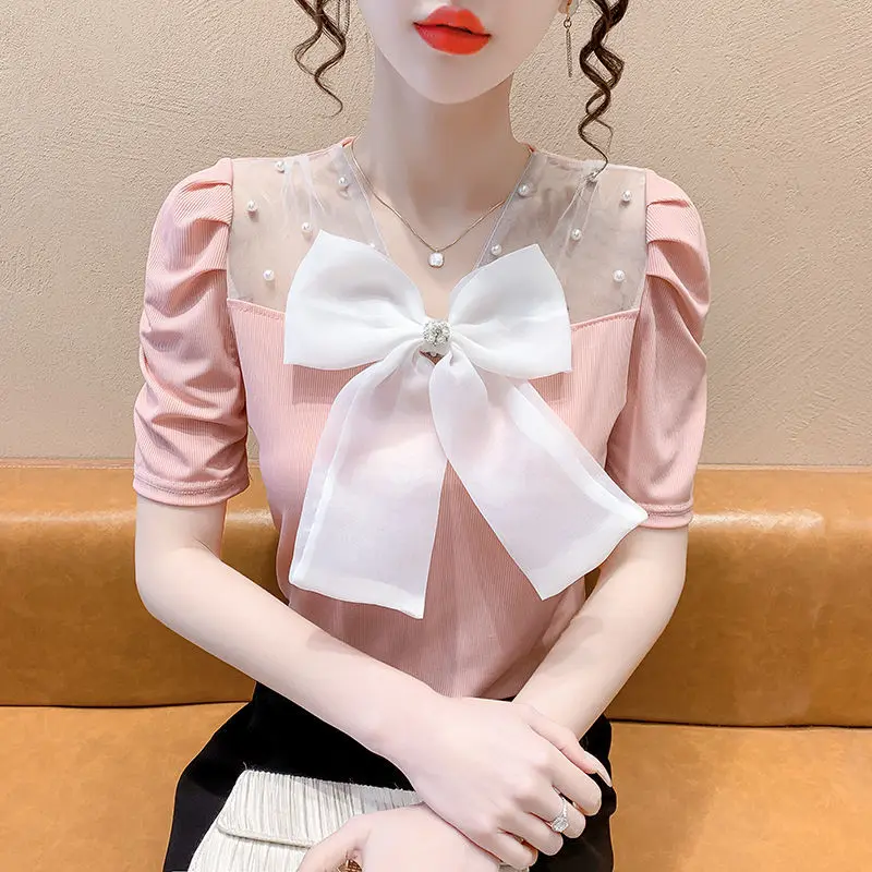 Sweet V-Neck Bow Spliced Gauze Beading Loose Shirt 2022 Summer New Chic Tops Oversized Elegant Female Clothing Commute Blouse