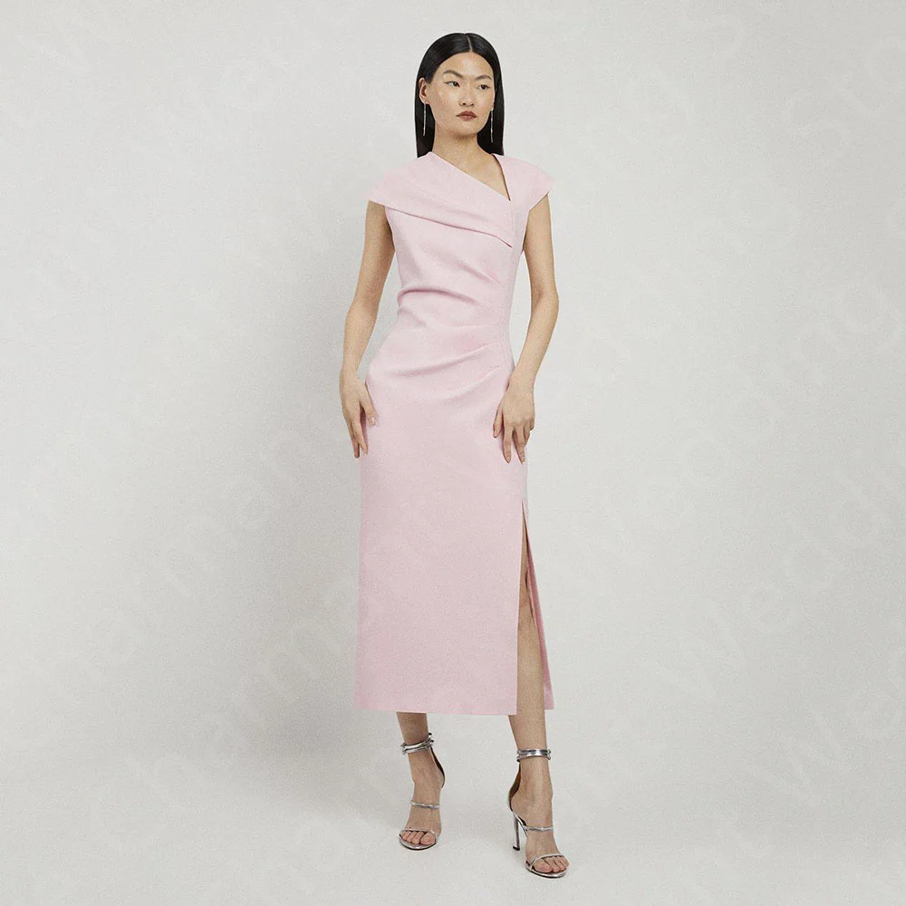 

Customized On Sale Pale Pink Prom Gowns Tea Length Evening Dress Side Split Wedding Party Gowns 2025 Cap Sleeves Pleated