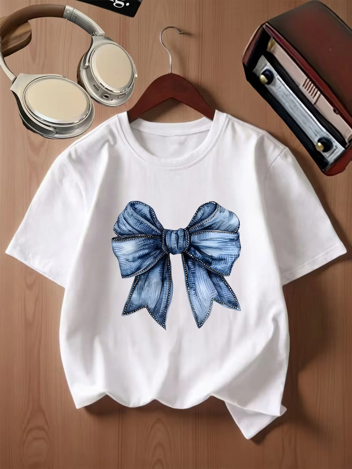 Vintage Watercolor Blue Denim Bow Ribbon Elegant Graphic Kids T Shirt Boys Girls Family Matching Summer Crew Neck Casual Tee