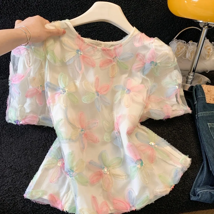 

Fashionable Sequin Heavy Embroidery Organza Lantern Sleeve round Neck Top Summer New Style Elegant Women's Trendy Lace Shirt