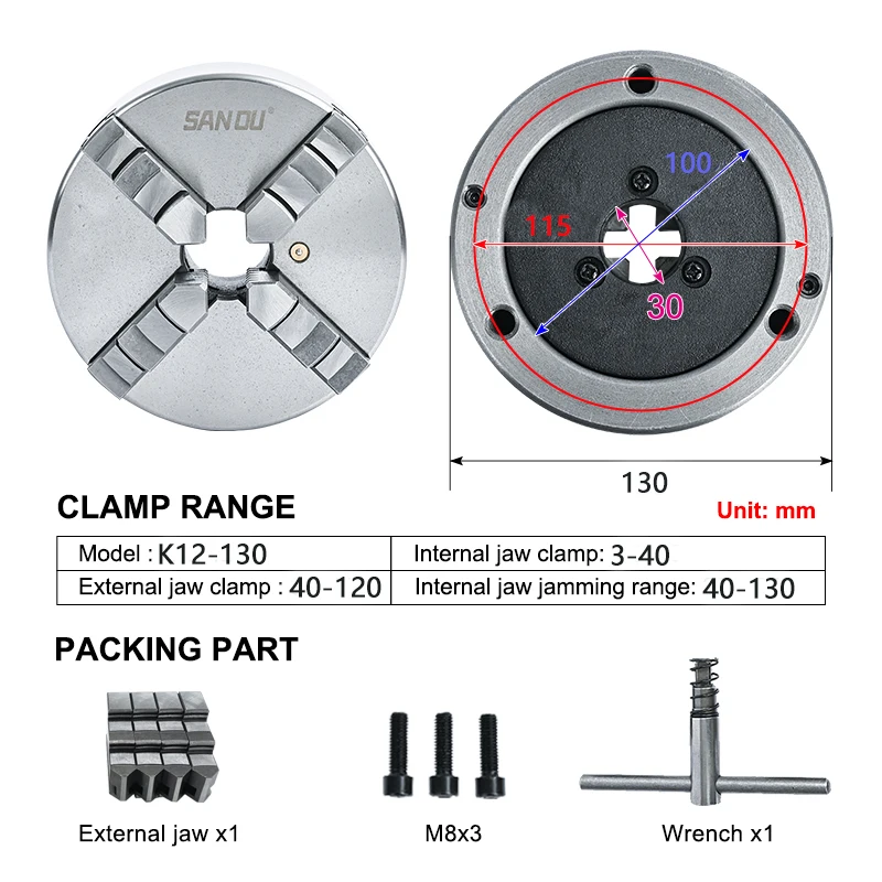 SANOU Brand 4 Jaw Self-centering Scroll Chuck 130mm Manual Type Metal Lathe Chuck K12-130 With Accuracy 0.05mm for Small Lathe