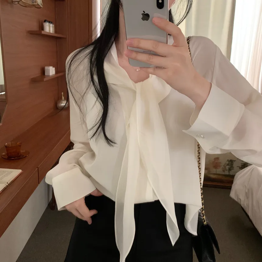 

3Colors Autumn Spring 2026 Korean Ins Style Lace Up Long Sleeve Shirt Loose Office Wear Blouse Female Outwear tops(cs3580