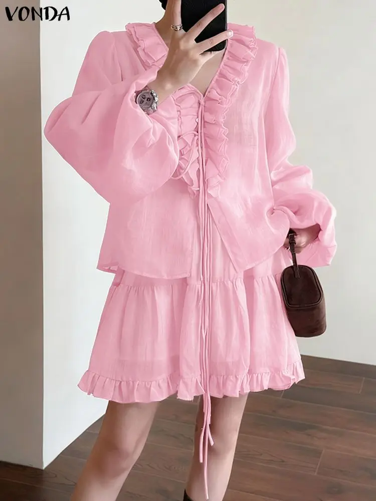 

Женские комплекты юбок VONDA размера плюс 5XL, осенние рубашки с v-образным вырезом и длинными рукавами и мини-юбки, повседневные модные наряды из 2 предметов с рюшами, 2025 г.