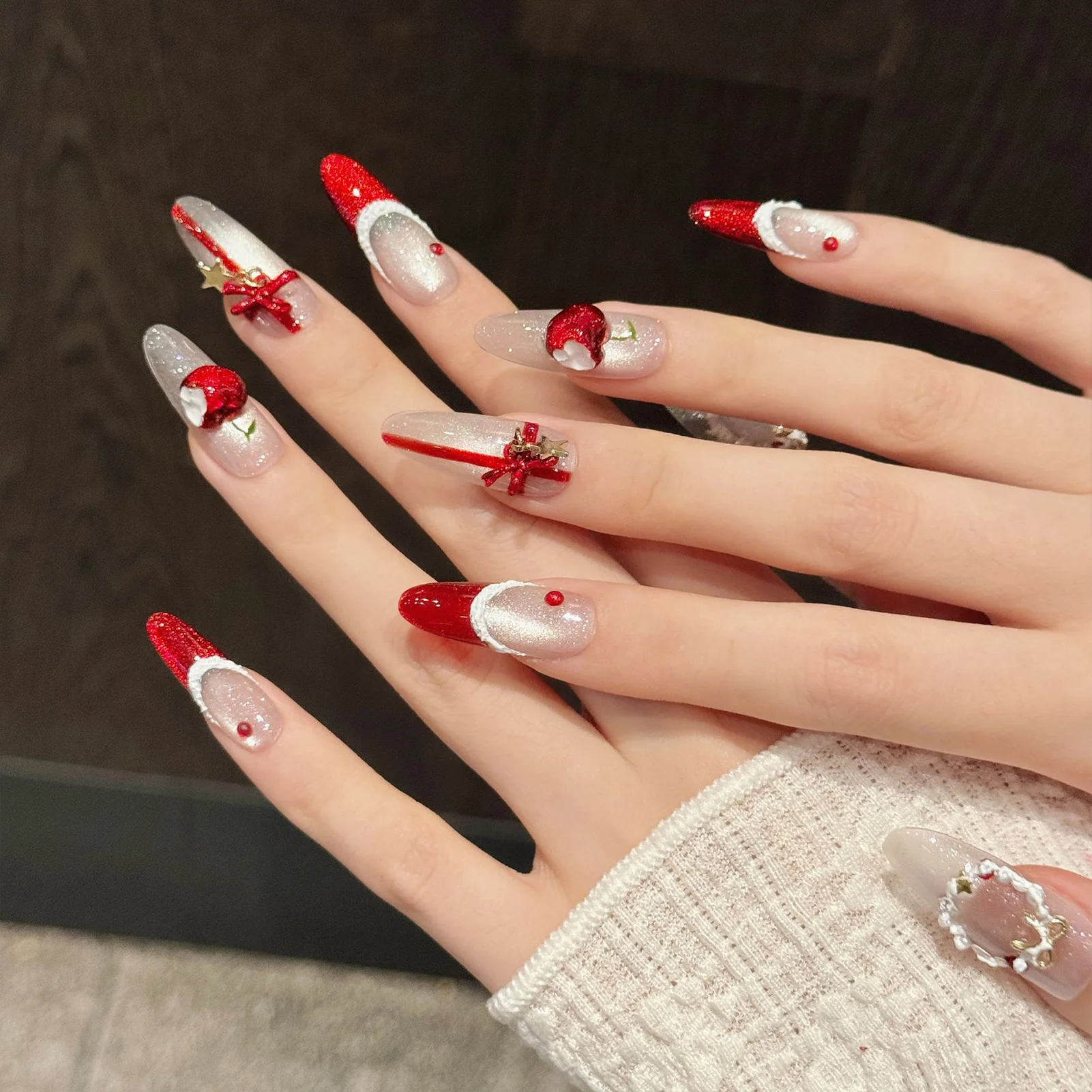 10PCS Christmas Theme Fake Nails with Glitter Rhinestone Design Red French Almond False Nails Wearable Cat Eye Press on Nails