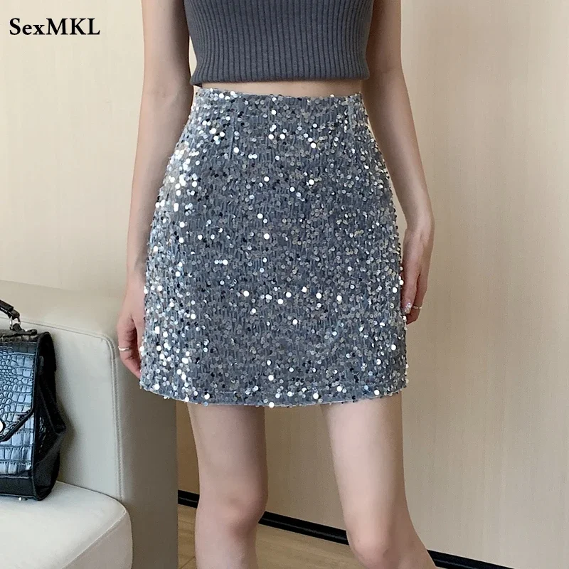 High Waist Sequined Casual A Line Skirts Women 2025 Elegant Korean Fashion Y2k Clothes Sweet Kawaii Black Micro Skirt Harajuku