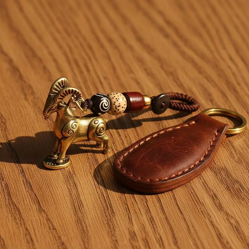 Brass Goat Keychain Antique Copper Zodiac Sheep Ornament Corrosion Resistant Metal Key Ring for Car Decor Gift