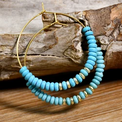 Vintage Turquoise Beaded Hoop Earrings Women Fashion 40mm Golden Ear Hoops Glass Imitation Pearl Jewelry