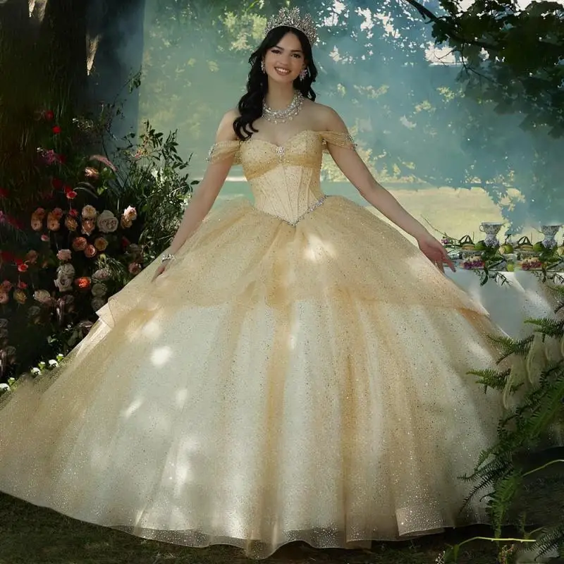 

Sparkly Ball Gown Quinceanera Dresses Sequins Rhinestones Off the Shoulder Floor Length Draped Vestidos De Quinceañera