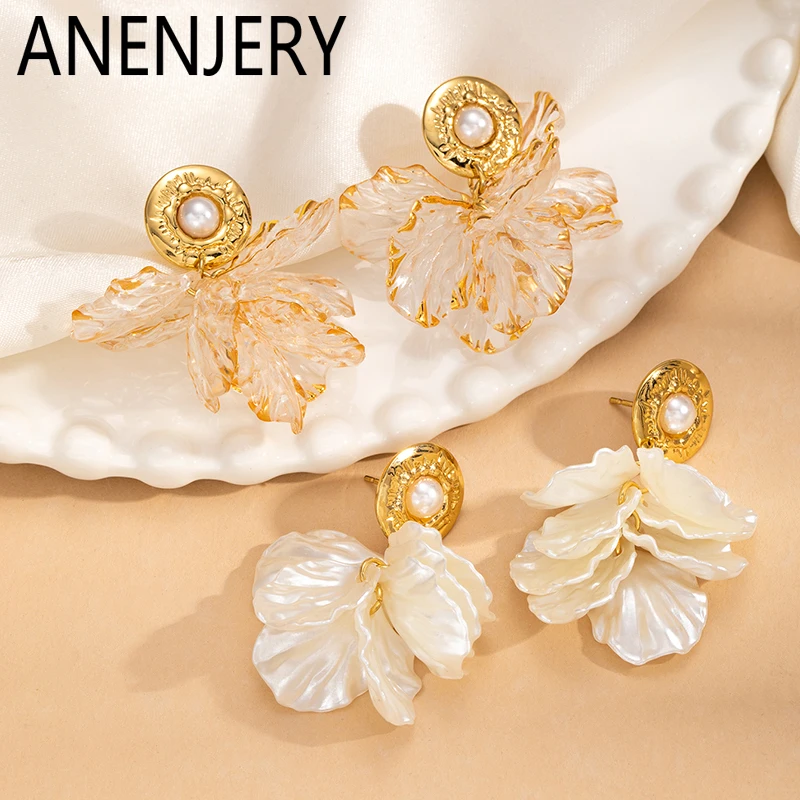 ANENJERY 316L Stainless Steel Pearl Flower Petal Pendant Earrings for Women French Vintage Elegant Jewelry Gifts Wholesale