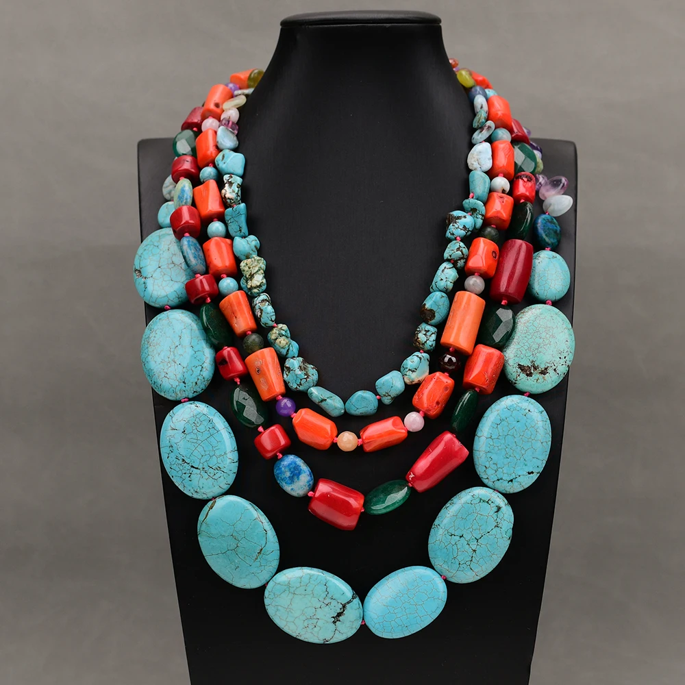 

G-G 18-24'' 4 Rows Natural Stone Multi Gems Orange Red Coral Blue Turquoise Necklace Handmade Women Jewelry