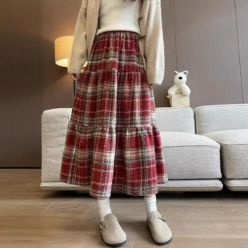

Новая осенне-зимняя шерстяная клетчатая юбка с высокой талией, свободным крой, эффектом похудения, универсальная юбка-зонтик средней длины А-силуэта