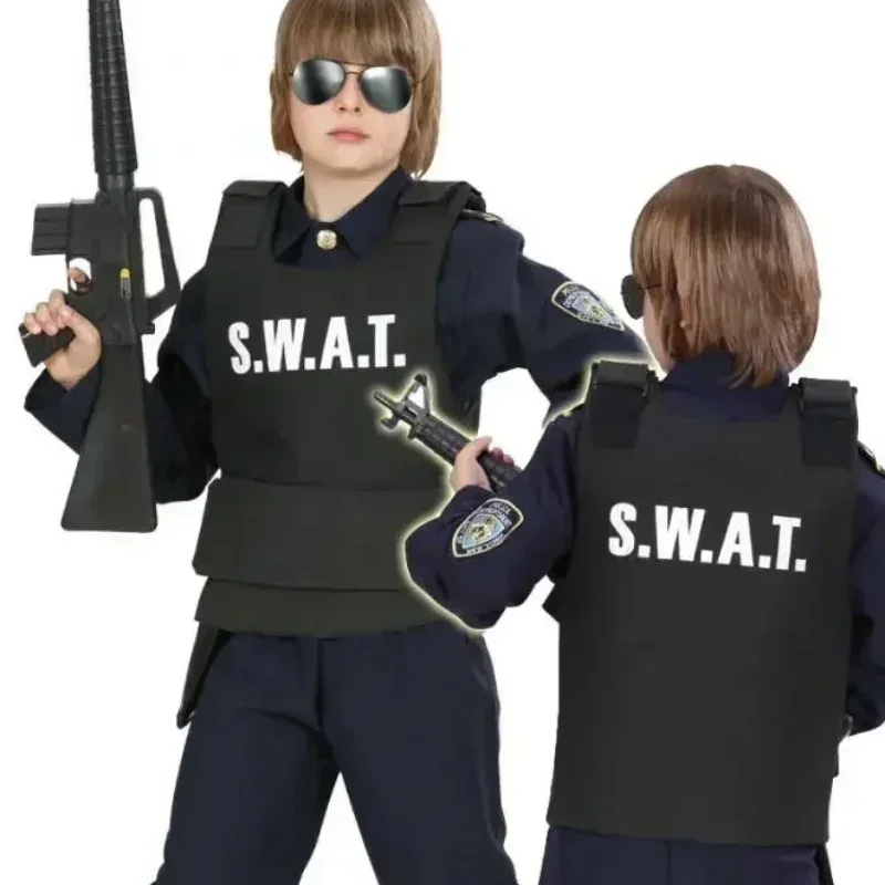 سترة Kinderen Politie Swat Kogelvrij وSwat Muts Muts Kostuum 3-9 Jaar Kinderen Politieagent Kostuum