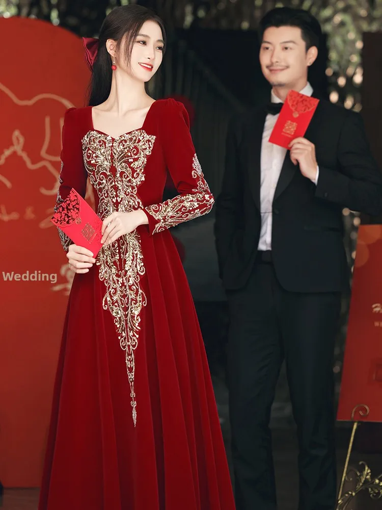 

Red Wedding Dr Engagement Par Chinese Sle Long Sve Floor Length Gown for Women 8-25 Years Old