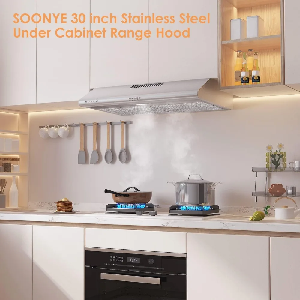 30 inch Stainless Steel Under Cabinet Range Hood, Slim Kitchen Vent Hood Ducted/Ductless Convertible with 3 Speed Controls