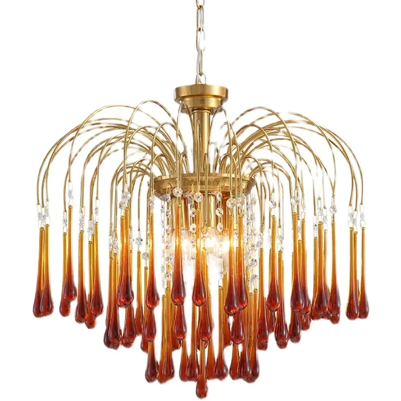 

Design French Living Room Retro Lamp Art Water Glass All Copper Chandelier Restaurant Bedroom Princess Room Lamp