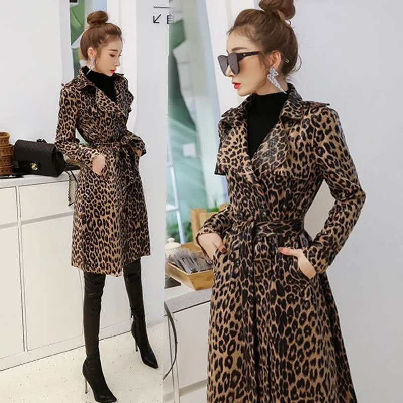 2023 New Women Deerskin Leopard Print Long Trench Coat Autumn Fashion Female Temperament Slimming A- Line Style Casual Outwear