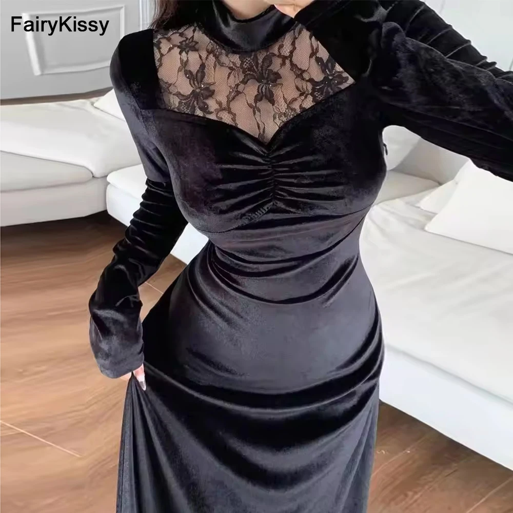 

FairyKissy Mermaid Long Sleeves Prom Dresses High Neck Floor Length Pleated Back Zipper Lace Evening Dresses