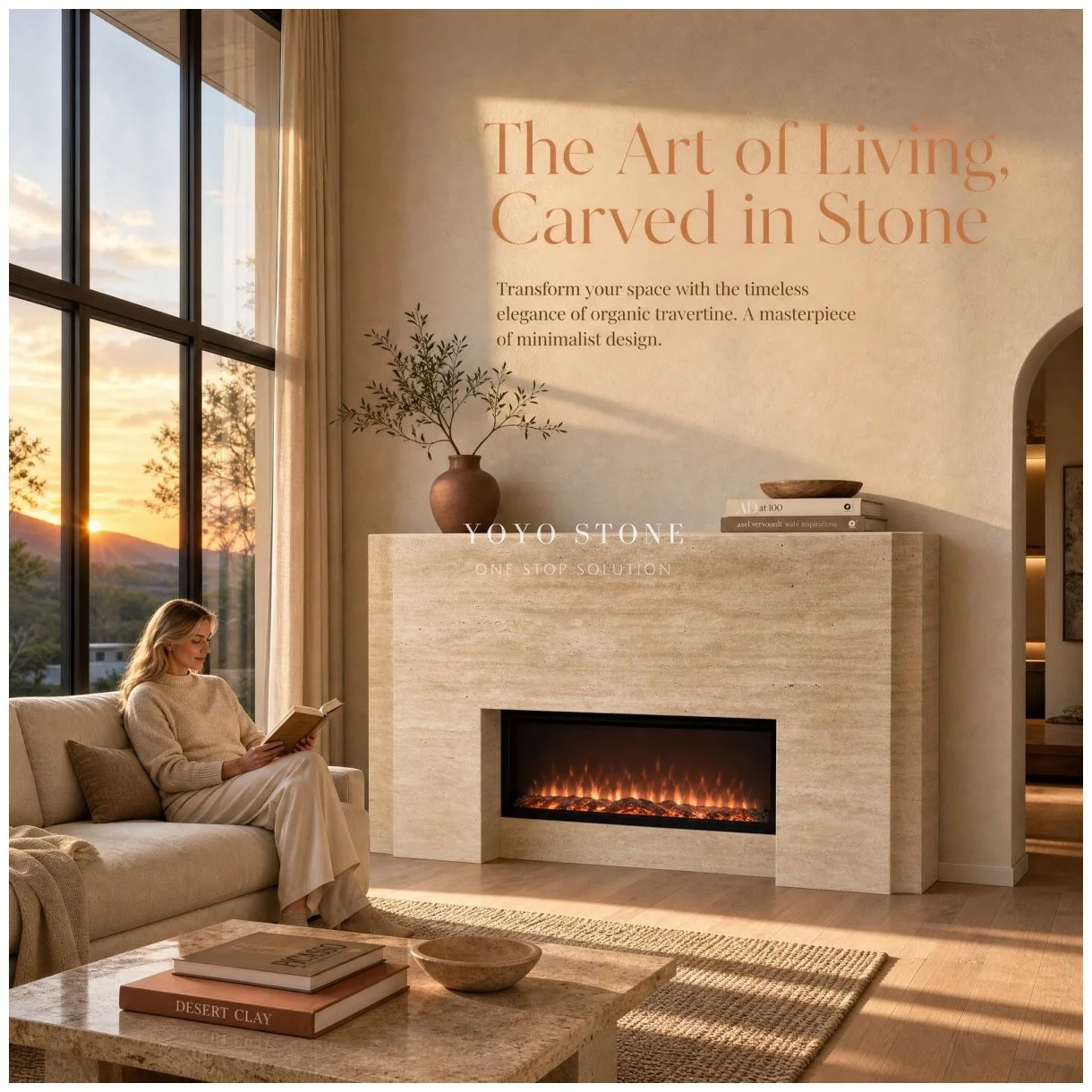 YOYO STONE Premium Wabi Sabi Style Beige Travertine Modern Electric Fireplace Mantle Exquisite Home Decor For Living Room