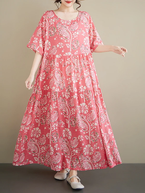 

Skin-Friendly Summer Bohemian A-Line Dress Women's plus Size Short Sleeve round Neck Pleated Thin Cotton Long Dress Pink Purple
