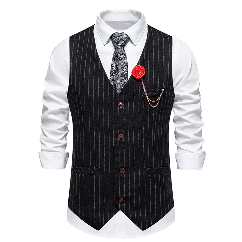 Spring New Men\'s Retro Stripe Single Breasted Casual Suit Comfortable Vest Top