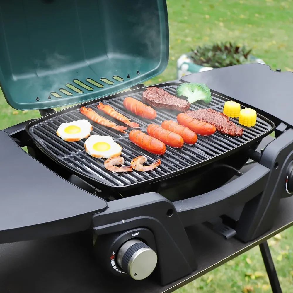 Portable Propane Grill, Outdoor Barbecue Grill Camping Grill with Two U-shaped Burners, Removable Side Table, BBQ